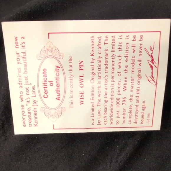 Kenneth Jay Lane Cream Enamel Owl Brooch with Blue and Green Accents - Picture 5 of 5